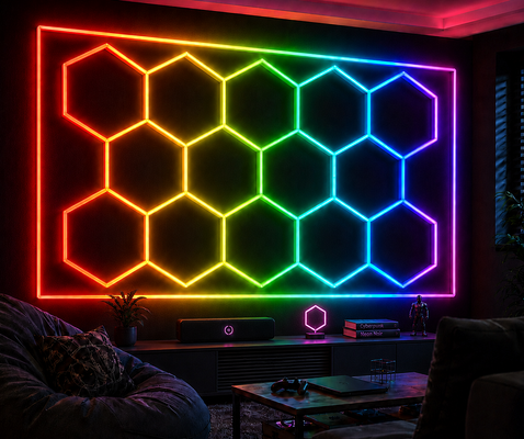 Хорошая цена Светодиодный шестиугольный светильник 14 шестиугольников RGB с дистанционным управлением, потолочный светильник в виде сот 24 В IP20, идеальное освещение для спортзала, салона, гаража, бара, атмосферы онлайн