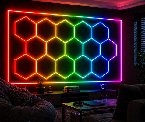 Хорошая цена 2026 Новый 15Hexagon RGB APP Контроль Honeycomb светодиодный потолочный свет 24V IP20 для спортзала Салон гараж Бар Атмосфера Свет CE Ready онлайн