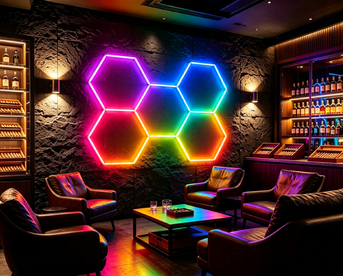 Хорошая цена Подключаемые светодиодные шестиугольные лампы RGB Honeycomb Модульные панели для гаража, мастерских спортивных заведений и офисных потолочных светильников Онлайн